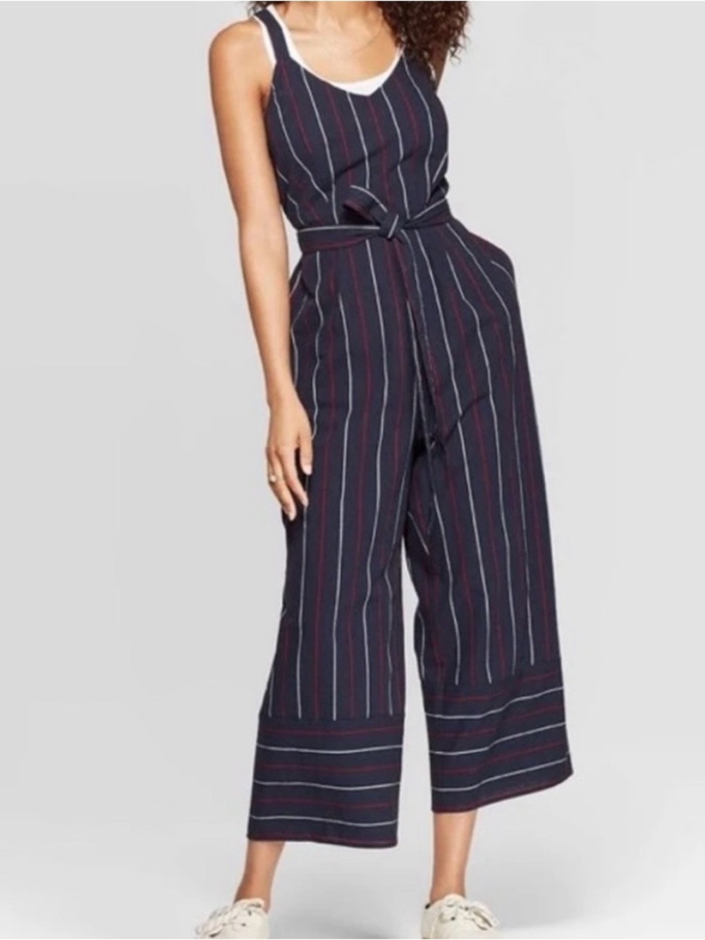 Universal Thread Navy Striped Wide-Leg Jumpsuit with Tie Belt
